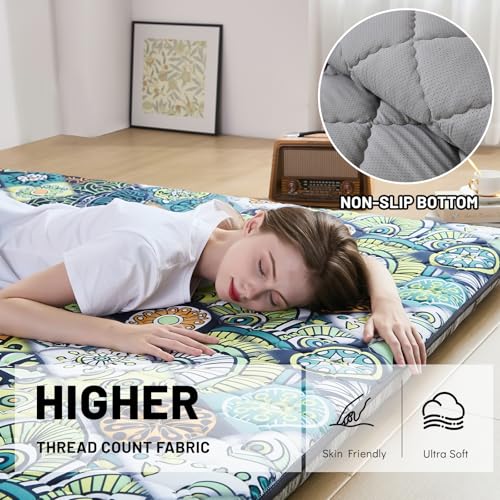 Zelladorra Japanese Floor Mattress, Anti-Slip Japanese Futon | Portable Floor Mattress, Roll Up Sleeping Mat with Storage Bag, ideal for Guests and Camping, Boho Green Checkered - color: Boho Green Checkered, size: Queen (80"L x 60"W)