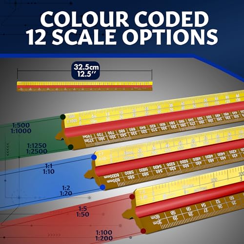 Stylo Architectural Scale Ruler, 12 Inch Aluminum, Yellow Metric | Laser Etched Triangular Drafting Scale, Color Coded Grooves, for Blueprints and Floor Plans, Cloth Pouch Included - color: Yellow, size: 12 inch (Metric)