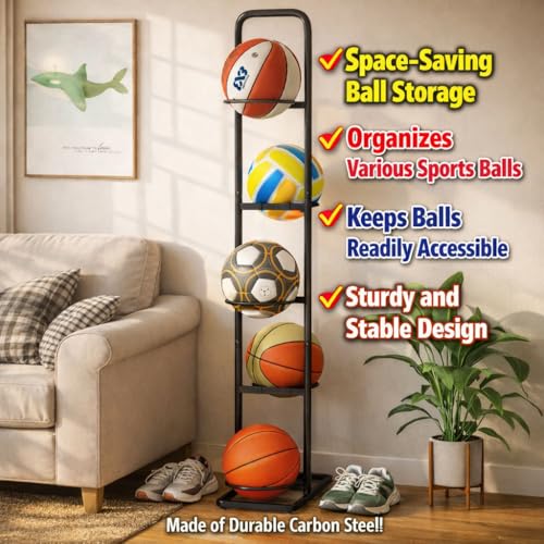 Vertical Ball Rack -basketball rack- Durable Carbon Steel Storage for Basketball, Soccer, Volleyball, and More - Easy to Assemble, Waterproof, Sturdy - 56.7" H - size: 5-Balls without Basket