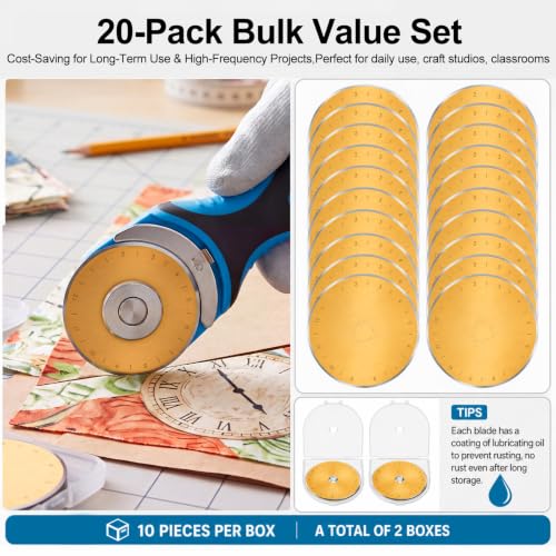 Wamlente 20 Pack 60mm Rotary Cutter Blades, Titanium Coated Steel,Gold | Fits Most Cutters for Quilting Sewing Crafts, Cuts Fabric Leather Vinyl Felt, Titanium Coating, Includes 2 Protective Cases - color: Gold