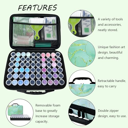 Muzagroo Art Diamond Painting Storage Containers, Diamond Art Storage Case with Accessories and Tools, Portable Shockproof 60 Slots Organizer Case for Diamond Painting Kits M (Green-Deluxe) - color: Green-Deluxe Set, size: 60 Jars