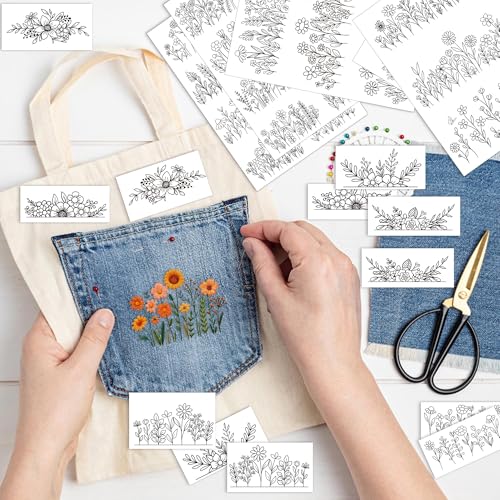 Water Soluble Stabilizer Embroidery Pattern - Flower Stick & Stitch Embroidery Paper Wash Away, Floral Frame Hand Sewing Embroider Patterns for Jean Bag T-Shirt (6 Sheets)