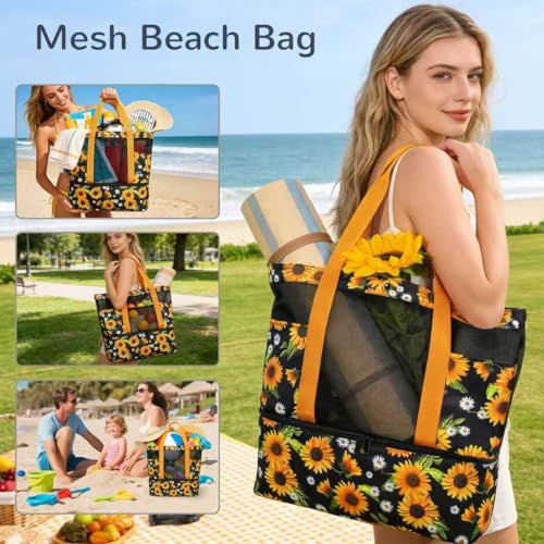 Mesh Tote Beach Bag with Leakproof Wet Compartment - color: Sunflower