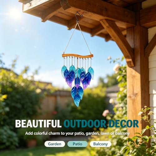 Wind Chimes Blue Glass Leaves, Garden Wind Chime for Home, Party, Festival Decor, Glass Garden Patio Yard Porch Decoration Indoor/Outside, Lifelike Leaf Style