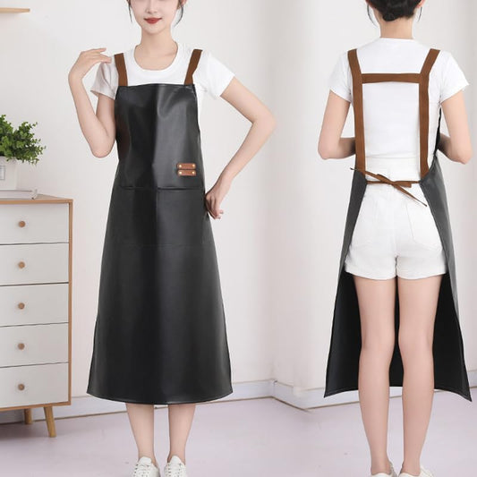 Waterproof Apron Large Pocket PU Material Waterproof Oil-proof Dust-proof Apron Black and Red - color: Black(long)