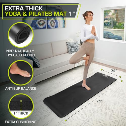 ProsourceFit Extra Thick Yoga and Pilates Mat 1/2” (13mm) or 1" (25mm), 71-inch Long High Density Exercise Mat with Comfort Foam and Carrying Strap - color: Black, size: 1"