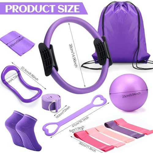 RoundFunny Pilates Ring Circle Set 18 Pcs Exercise Equipment Accessories for Women Workouts Pilates Ball Stretching Strap Magic Circle Yoga Ring Gym Back Bag Resistance Band Anti Slip Socks - color: Purple