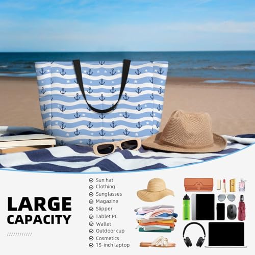Large Beach Bag for Women Waterproof Foldable Travel Shoulder Tote Bag with Pocket for Weekender Pool Vacation - color: Anchor Blue