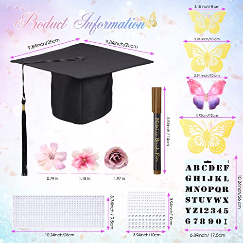 Lyrow 51 Pcs DIY Graduation Cap Decorations Kits Included Grad Cap Pens Faux Flowers Letter Number Stencils Rhinestones Stickers 3D Butterflies for Grad Hat Topper Decors Craft Art DIY(Purple) - color: Purple