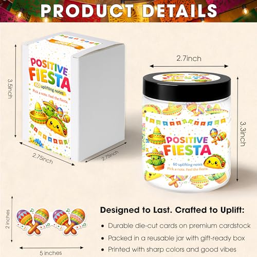 Mexican Independence Day Decorations, Positive Fiesta Jar, Mexican Gifts | Fiesta party gift with 60 uplifting notes, taco, maracas, sombrero and cactus for women, friends and coworkers. - color: Positive Fiesta Jar