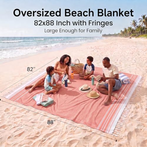 Yongoes Turkish Beach Towel Blanket Oversized 82x88 Coral Boho - color: Coral, size: Extra Large 82"x88"(208x224cm)