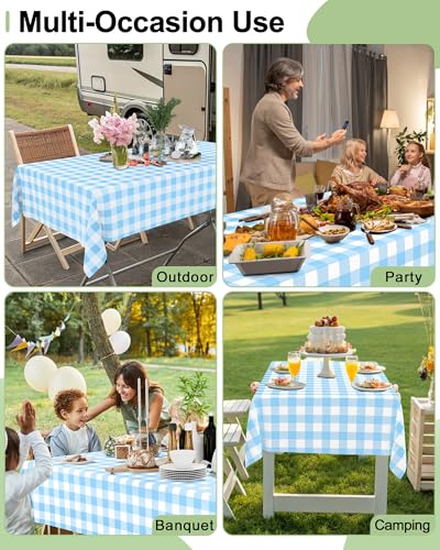 Smiry 8 Packs Gingham Disposable Table Cloth, 54 x 108 Inch Waterproof Plastic Tablecloth, Rectangle Baby Blue and White Checkered Table Covers for Picnic, Birthday, Party - color: Baby Blue and White, size: 54"x108" (Pack of 8)