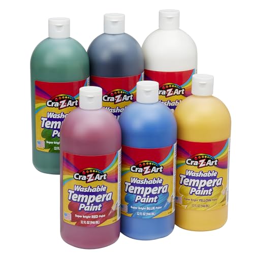 Cra-Z-Art Washable Tempera Paint Bulk Pack 6 Color Set Assorted Colors 32oz each bottle, 6 Super Bright Finger Paint Color, Great Back to School Teacher Supplies
