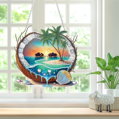 Bowetile Coconut Diamond Art Hanging Kits for Adults, Summer Diamond Art Suncatchers Beach, 5D Special Shape Diamond Painting Pendant Window Ornament Gifts for Home Wall Garden Decor - color: Coconut. Summer Beach