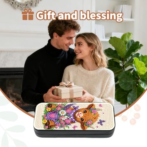 FlyingMage 5D Diamond Art Painting Kit, Hard Shell Eyeglasses Glasses Case | Highland Cattle DIY Diamond Dots, Small Gem Art Painting Mosaic Kits, Cute Sunglasses Case for Adults Beginner Women Teen - color: Beige Flower Highland Cattle
