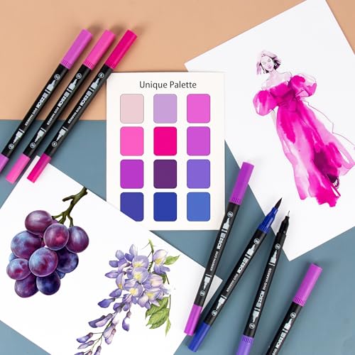 ZSCM QUALITY DECIDES THE FUTURE Purple Duo Tip Marker Pens, 12 Fine & Brush Tip Pen For Adult Coloring Books - color: 12 Purple