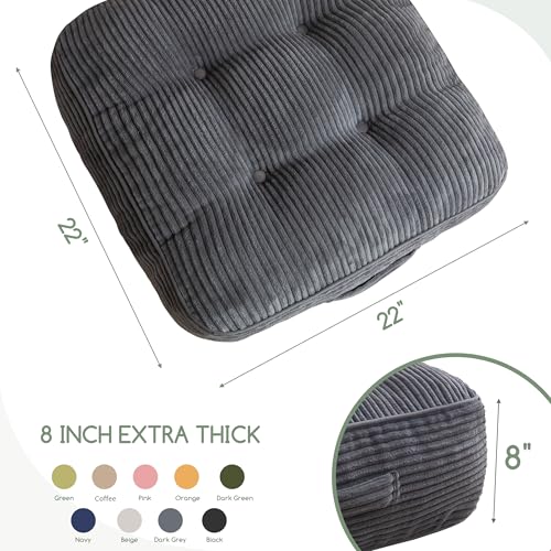 HIGOGOGO 8" Extra Thick Floor Pillow Cushion for Adults, Meditation Cushion Pillow, Large Square Floor Sitting, Tufted Corduroy Cover, for Tatami Living Room or Yoga, 22x22 Inch, Dark Grey - color: Square Dark Grey, size: 8" Thick(Pack of 1)