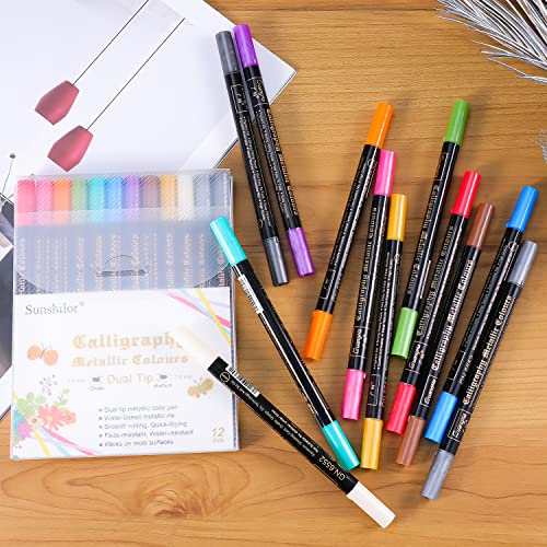 Sunshilor Metallic Markers Calligraphy Metallic Marker Pens Dual Tip Chisel and Medium Point Pens for Black Paper, Rock Painting, Easter Egg, Halloween Pumpkin, Card Making, Metal, Ceramic, Wine Glass - style: Dual Tip