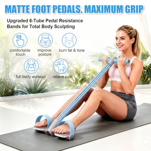 Upgraded Foot Pedal Resistance Band with Handle, 6-Tube Elastic Resistance Bands for Home Workout, Multifunction Exercise Equipment for Abdomen, Core/ABS, Waist, Arm, Leg - color: Blue