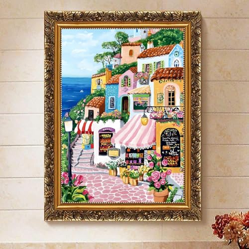 Coastal Village Town Paint by Numbers Kit for Adults Canvas, Frameworkless | Easy Adult Paint by Number Kits on Canvas DIY Coastal Village Town Painting for Beginners Art by Numbers for Home Wall Decor - color: YH03373