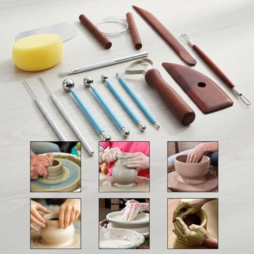 17 Pcs Pottery and Clay Sculpting Tools Set, Double-Sided Ceramic Carving and Trimming Tools with Smooth Wooden Handles for Shaping, Detailing, and Embossing(17)