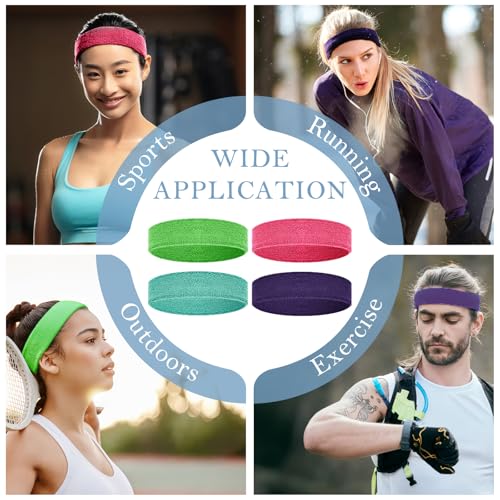 4 Pack Cotton Terry Sweat Headbands for Men Women Running Gym - color: Pink/Green/Sky Blue/Purple