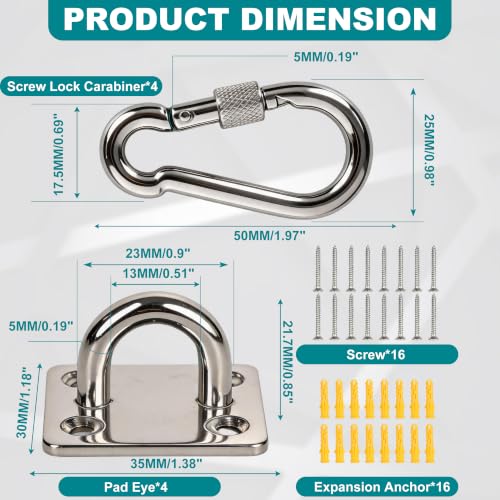 304 Stainless Steel Pad Eye Snap Hooks, 500LBS Heavy Duty Ceiling Hook, M5 | Hanging Kit with Locking Carabiner, Pad Plate Hooks for Hammock, Chair Swing, Plant,Sun Shade Sail, Marine Boat, Yoga, RXT - color: Silver Square, size: M5