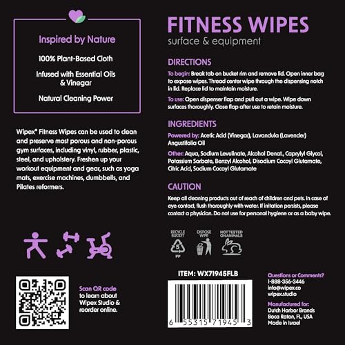Wipex Gym Wipes – EWG Verified, Fitness Equipment Wipes, Plant-Based Cloth - Lavender & Vinegar to Clean Surfaces, Safe Yoga Mat Cleaner, All Purpose Gym Cleaner, Peloton Bikes, 400 Count (2 Pk) - size: 400 Count (Pack of 2), style: Lavender: Bucket