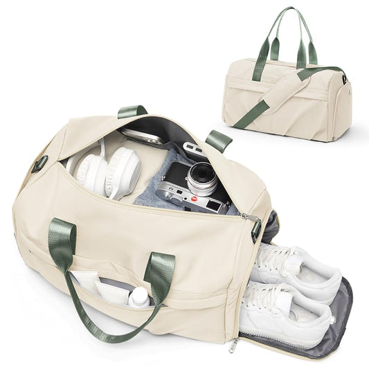 Gym Bag for Women with Shoe Compartment, Sport Travel Duffel Bag for Men | Waterproof Weekender Overnight Carry on Duffle Bag with Trolley Sleeve for Traveling, Yoga, Gym, Airplane -Beige Green - color: Beige Green