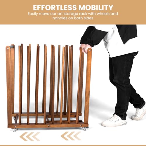 Art Storage Rack and Art Rack and Studio Storage Organizer for Canvases – Paint Drying Rack with Adjustable Panels, Handles & Caster Wheels for Artwork - Canvas Boards - Frames & Prints - color: Walnut Stain