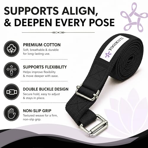 Yogikuti Double Buckle Yoga Strap - Adjustable Stretching Strap for Enhanced Flexibility in Yoga, Pilates, and Physical Therapy, Available in Various Colors and Lengths for All Fitness Levels - color: Black