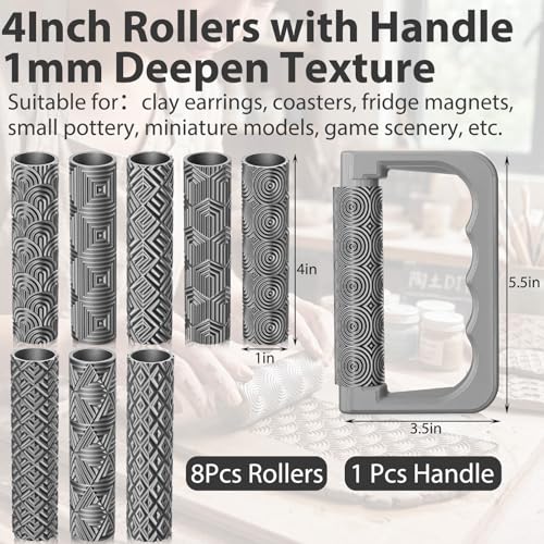 Leriton 9 Pcs Clay Texture Roller Set with Handle, 8-Pattern 3D-Printed Miniature Texture Rollers for Clay, Miniatures, Tabletop, Pottery (Geometric) - style: Geometric