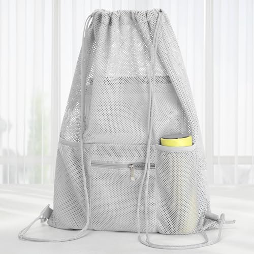 NATURAL STYLE Mesh Drawstring Backpack Bag, Gym Sports Bag with Zipper Pocket Bottle Holder, String Beach Bag for Swiming Travel (Grey) - color: Grey