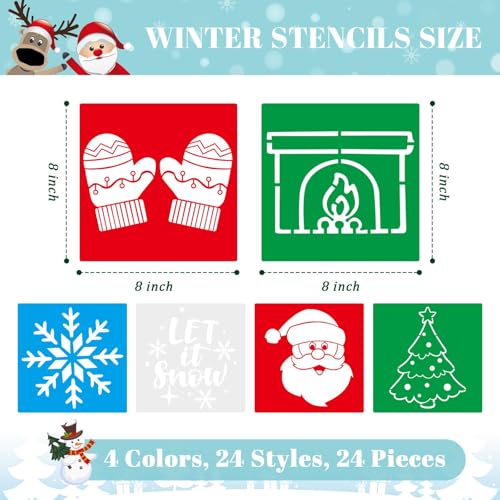 Henoyso 24 Pcs Winter Stencil for Kids 8 Inch Reusable Christmas Templates | Plastic, Drawing Painting Templates, Snowflake, Gingerbread, Candy Cane, Blue White Red, Wood Paper Scrapbook, DIY Art Crafts - style: Winter Style