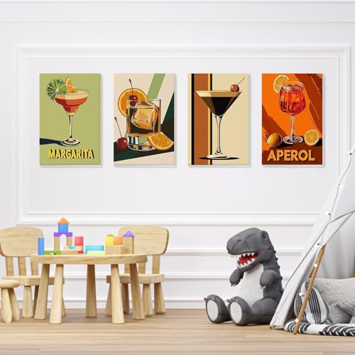 QENSPE 4 Pack Paint by Numbers Kit for Adults with Wooden Frame, Cocktails Adults Paint by Number for Beginners, DIY Acrylic Oil Painting Kits on Canvas, Home Wall Decor Gift 8X12 inch - color: Cocktail 1