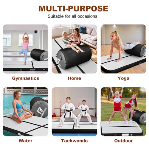 FBSPORT Inflatable Air Gymnastics Mat 4 inches Thickness and Air Roller 40x23.6 inches with Electric Air Pump 10ft/13ft Training Mats for Home Use Cheerleading Outdoor Training Park Yoga Beach - color: Black Gray, size: Mat: 13ft x 3.3ft x 4in | Roller: 3