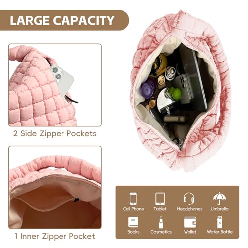 Puffer Tote Bag for Women, Large Quilted Puffer Bag with Pouch, Puffy Quilted Hobo Bag, Puff Crossbody Purse - color: 1-pink