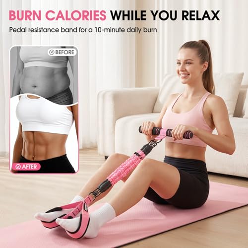 Upgraded Multifunction Pedal Resistance Band with Handle, Adjustable Foot Pedal Resistance Bands for Core, Arm, Legs, Body Strength, Portable Home Gym Workout Equipment for Men & Women - color: Pink