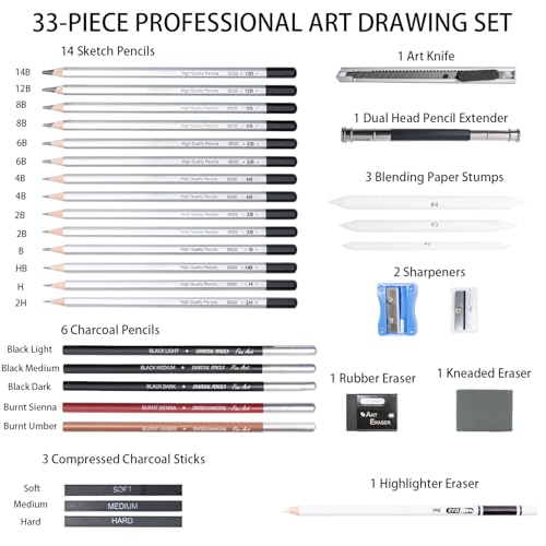 Drawing Sketching Pencil Set, 33 PCS Graphite and Charcoal Pencils with Blending Stumps, Erasers, Art Knife & Pencil Extender in Metal Box, Artist Sketching Supplies for Drawing & Shading - style: 33 Pcs