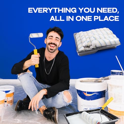 32PCS Paint Roller Kit with 2-4ft Extension Pole, 9" & 4" Roller Covers, Paint Brushes, Tray Liners & Tape, Professional House Painting Supplies for Walls, Ceilings & Cabinets