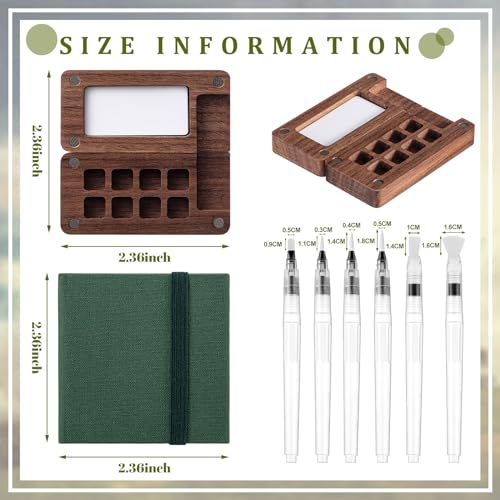 Qilery Mini Portable Watercolor Palette Set Wooden Grid Paint Box Watercolor Paper Sketch Book Brush Pens with Binder Clip for Painters Artist Not Include Paint(Pine Green) - style: Pine Green