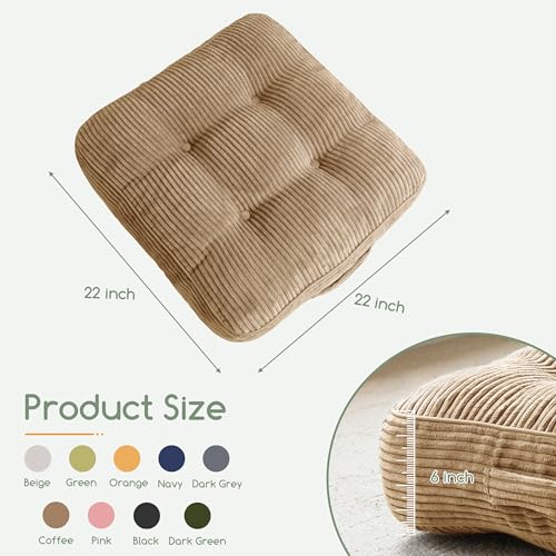 HIGOGOGO 6" Extra Thick Floor Pillow Cushion for Adults, Meditation Cushion Pillow, Large Square Floor Sitting, Tufted Corduroy Cover, for Tatami Living Room or Yoga, 22x22 Inch, 2Pack, Coffee - color: Square Coffee, size: 6" Thick(Pack of 2)