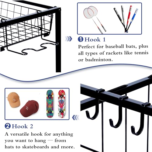 Sports Equipment Organizer, Ball Storage Rack with Elastic Straps and Removable Basket for Garage Organization, Garage Organizer with Hooks for Toy Sports Gear Storage, Sports Ball Storage Cart, Black - size: Large