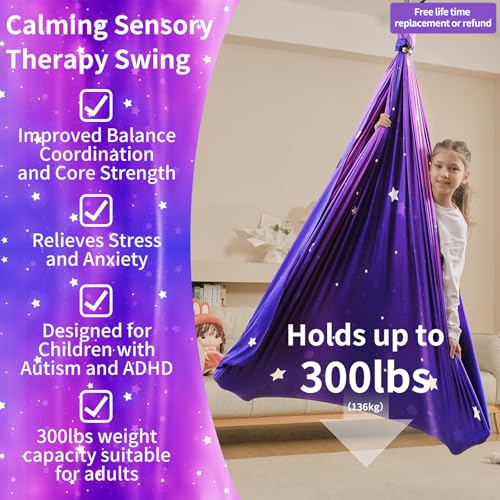 Sensory Swing for Kids Indoor & Outdoor Double Layer Therapy Cuddle Hammock Chair with 360 Swivel Hanger Kit Adjustable Swing for Child and Adult with Aspergers Autism ADHD (Galaxy Purple) - color: Purple