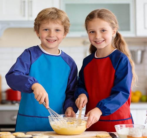 2 Pack Kids Art Smock Waterproof with Long Sleeve and 3 Roomy Pockets Artist Children Aprons for Toddlers Age 3-8 Painting Crafts(Red+Lake Blue) - color: 2 Pack Red+lake Blue