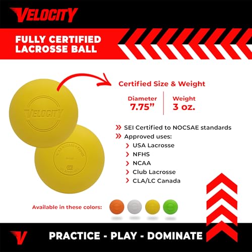 Velocity Lacrosse Balls - Practice Balls, Official NFHS, SEI, and College Approved Size - Meets NOCSAE Standard - Approved Competition Colors - Case of 60 & 120 with Ball Bag - color: Yellow, size: 120 Balls + Bag, style: Practice Ball