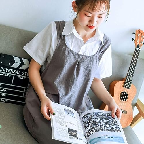 Japanese Style Linen Cotton Cross Back Pinafore Apron with Pockets for Women Ladies Men Chef Kitchen Cooking Baking - color: Women's Size Grey