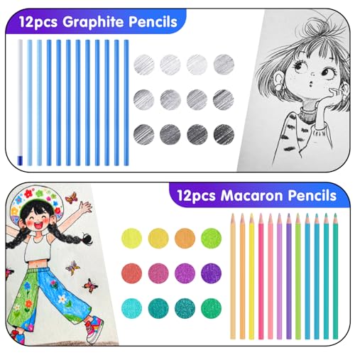 Professional Drawing Set,12 Colored Pencils,12 Graphite Pencils,Eraser,Case | Portable Travel Colored Pencil Case,Sketching Shading Blending Art Supplies,Gifts for Artists Adults Beginners.Macaron Black - color: Set-Macaron