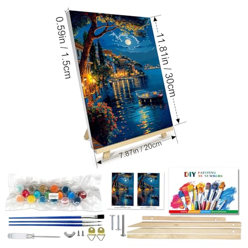 JOOZ Paint by Numbers Kit for Adults with Frame, Moon Paint by Number with Easel, DIY Town Lake Boat Paint by Numbers Landscape for Home Wall Decor 8 x 12 Inch - color: Moon/Lakeside Town