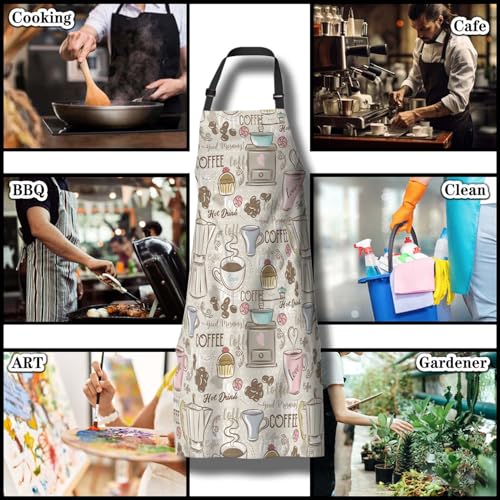 Retro Apron for Women Coffee Set Patterns Mans Aprons for Grilling for Kitchen Cooking Restaurant BBQ Painting Crafting Gardening 27” (W) x 31” (H), Waterproof Aprons - color: Coffee Set Patterns